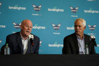 Charlotte Hornets NBA basketball team general manager Mitch Kupchak, right, and new head coach Steve Clifford talks during a news conference on Tuesday, June 28, 2022, in Charlotte, N.C. (AP Photo/Chris Carlson)