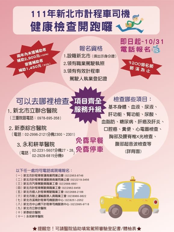 《圖說》新北市補助計程車駕駛免費健康檢查海報。〈交通局提供〉