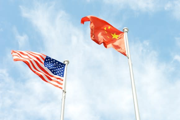 American and Chinese flags on poles.