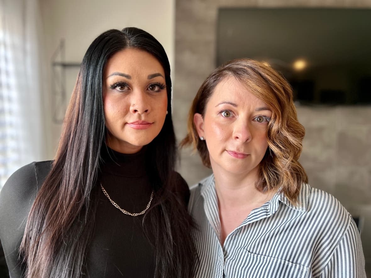 Jessica McNabb, left, and Caitlin Garrioch, right, are seeking damages for constructive dismissal and mental suffering. Both women allege they were sexually abused by Robin Nasserdeen.  (Wallis Snowdon/CBC - image credit)