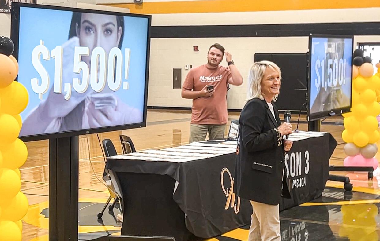 Teachers and staff cheer after Kathy Hipp, Superintendent, right, announced everyone gets a $1,500 bonus by August 1, during the Anderson School District 3 teacher and staff school kickoff in the Crescent High School gymnasium in Iva, S.C. Friday, July 26, 2024.