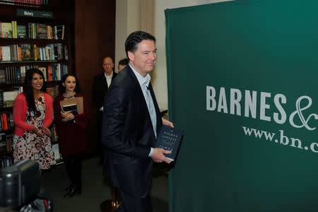 Former FBI Director James Comey arrives to speak about his book "A Higher Loyalty" in New York, U.S., April 18, 2018. REUTERS/Lucas Jackson