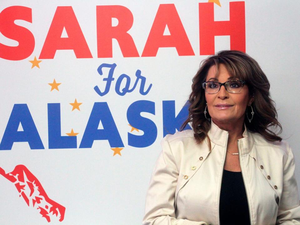 Sarah Palin at her campaign headquarters in Anchorage, Alaska on April 20, 2022.