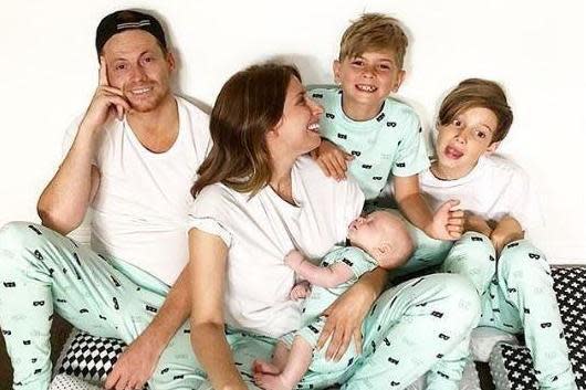 Stacey Solomon and Joe Swash are pictured in matching pyjamas (Instagram @staceysolomon)