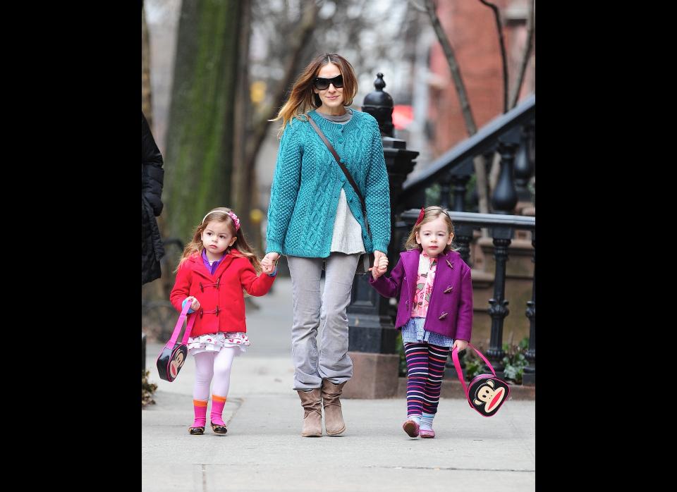 Sarah Jessica Parker out and about with her precious twins, Marion and Tabitha Broderick. 