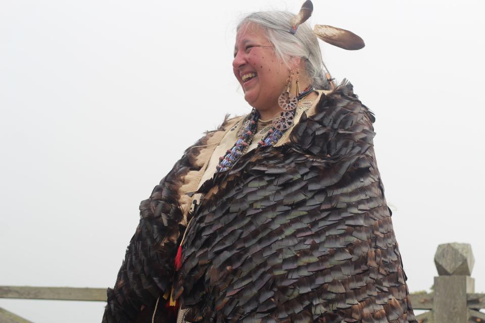It took about a year for Julia Marden, a member of the Gay Head (Aquinnah) Wampanoag Tribe, to twine a turkey feather mantle, which she revealed during the Gay Head (Aquinnah) Wampanoag powwow Sunday. The cape-like garment is the first of its kind on the east coast in 400 years. Indigenous leaders in Massachusetts continue their push for the state to ban using Native Americans as nicknames for high school sports teams.