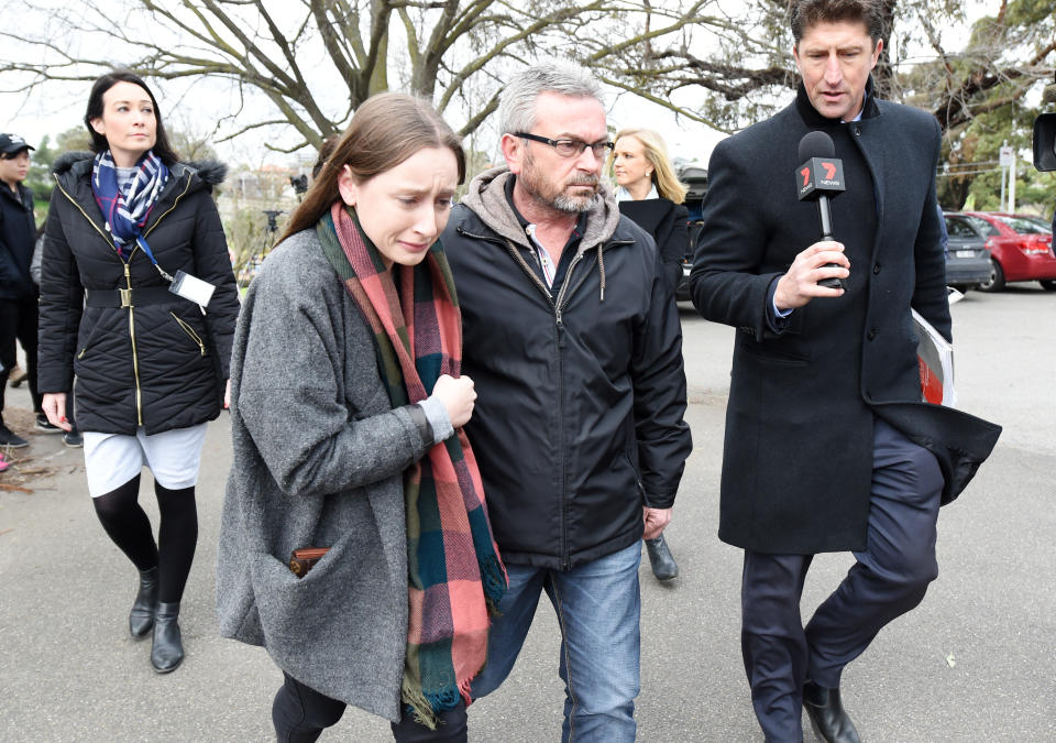 Distraught Sarah Ristevski exits an interview with her father, Borce, after her mum was reported missing.