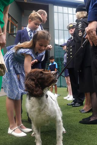 <p>Victoria Jones - WPA Pool/Getty</p> Princess Charlotte pets a police dog on day fourteen of the Wimbledon Tennis Championships at All England Lawn Tennis and Croquet Club on July 16