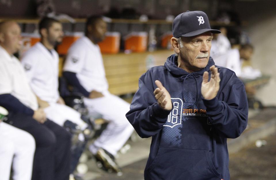 Detroit Tigers manager Jim Leyland in the dugout in the seventh inning of Game 4 of the ALDS Detroit Tigers vs. New York Yankees in Detroit on Tuesday, October 4, 2011. 