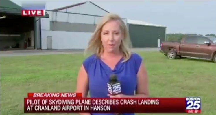 Boston 25 news reporter Kathryn Burcham suffered a live TV blunder when she blamed a plane crash on a 'flux capacitor'. Source: Boston 25 Katheryn Burcham was pranked into blaming a “defective flux capacitator” for a plane crash