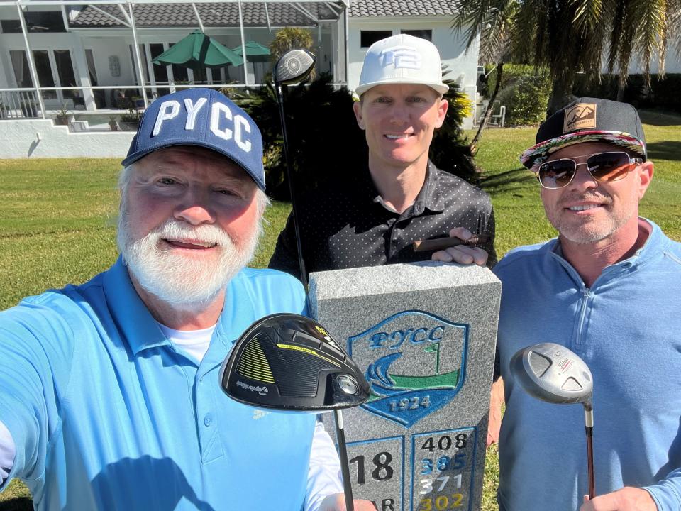 Former Florida State Seminoles Barry Smith, left, Marcus Outzen and Brad Dempton playing golf in Pasadena, California.