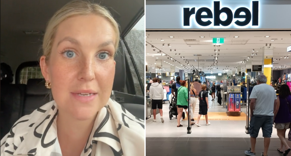 Left is an image of a screenshot from Brooke's TikTok, talking about her experience. She has blonde hair pulled back in a low bun and blue eyes. Right image of Rebel Sport shop front in Charlestown.