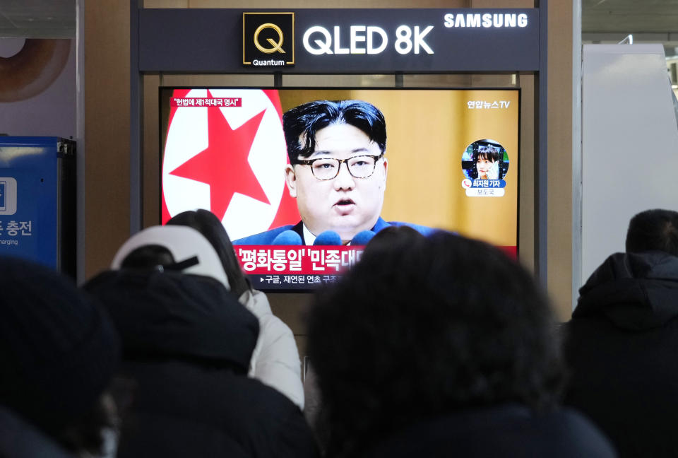 A TV screen shows an image of North Korean leader Kim Jong Un during a news program at the Seoul Railway Station in Seoul, South Korea, Tuesday, Jan. 16, 2024. North Korea has abolished key government organizations tasked with managing relations with South Korea, state media said Tuesday, as authoritarian leader Kim Jong Un said he would no longer pursue reconciliation with his rival. (AP Photo/Ahn Young-joon)