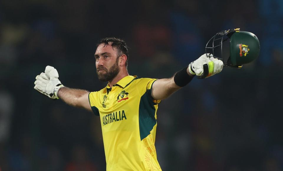 Maxwell celebrated the fastest-ever World Cup century, off just 40 balls, against the Netherlands (Getty Images)