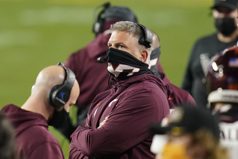 Virginia Tech head coach Justin Fuente watches his team play against Pittsburgh during the second half of an NCAA college football game, Saturday, Nov. 21, 2020, in Pittsburgh. (AP Photo/Keith Srakocic)