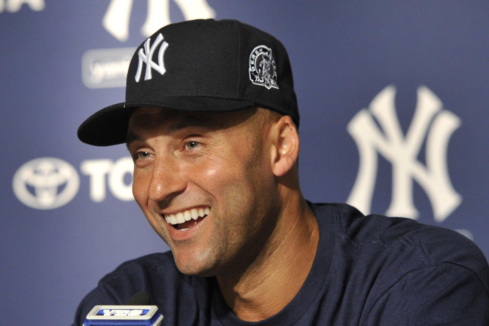 FILE - In this July 9, 2011, file photo, New York Yankees' Derek Jeter smiles as he speaks about his 3,000th career hit at a press conference after a baseball game against the Tampa Bay Rays, at Yankee Stadium in New York. Jeter could be a unanimous pick when Baseball Hall of Fame voting is announced Tuesday, Jan. 21, 2020. (AP Photo/Kathy Kmonicek)