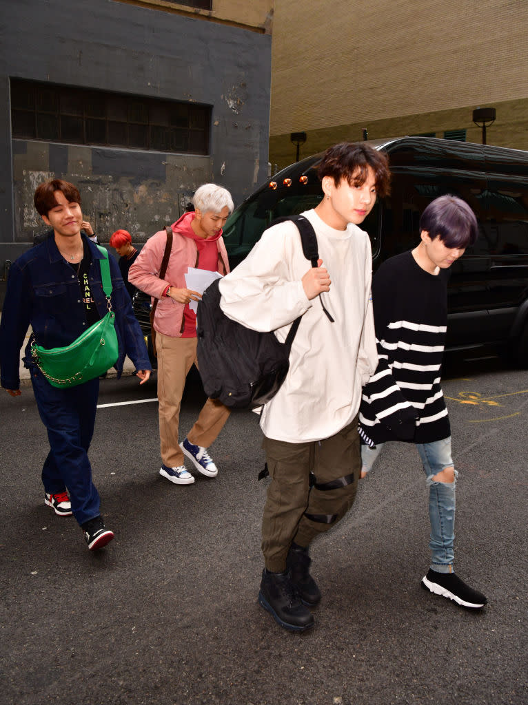 NEW YORK, NY - APRIL 12: J-Hope, RM, Jungkook and Suga of BTS seen on the streets of Manhattan on April 12, 2019 in New York City. (Photo by James Devaney/GC Images)