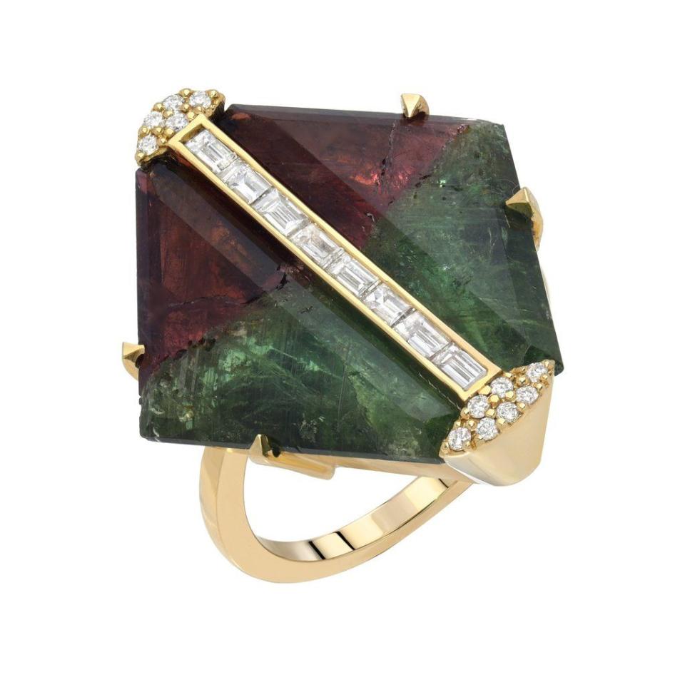<p>The angular cut of this unusual watermelon tourmaline (a stone associated with healing powers) of this ring gives a glamorous nod to the art deco era. <br><br>Watermelon tourmaline and diamond ring, £4,055, Sig Ward Jewellery</p><p><a class="link " href="https://www.sigwardjewelry.com/collections/resort-lux/products/14k-yg-watermelon-tourmaline-and-diamond-baguette-ring" rel="nofollow noopener" target="_blank" data-ylk="slk:SHOP NOW;elm:context_link;itc:0;sec:content-canvas">SHOP NOW</a></p>