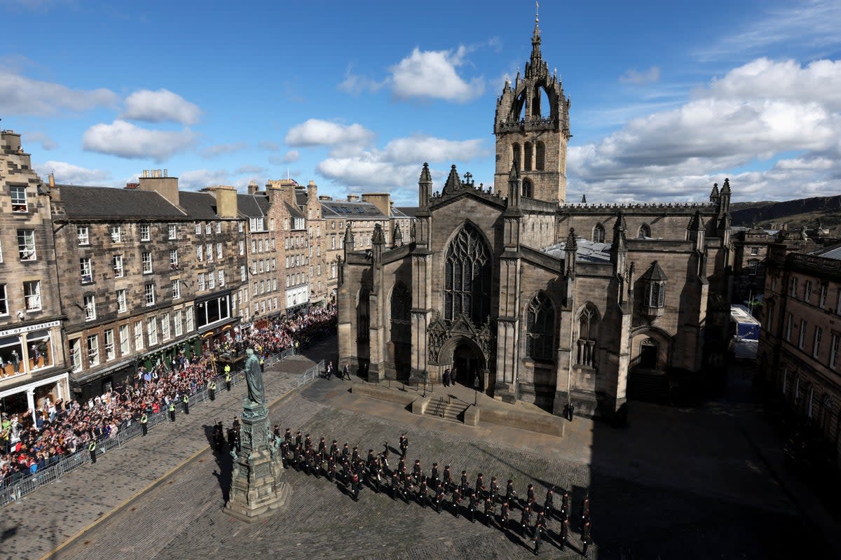 Royal Archers stand in formation outside the service of prayer and reflection for the life of the Queen at St Giles’ Cathedral (Russell Cheyne/PA) (PA Wire)