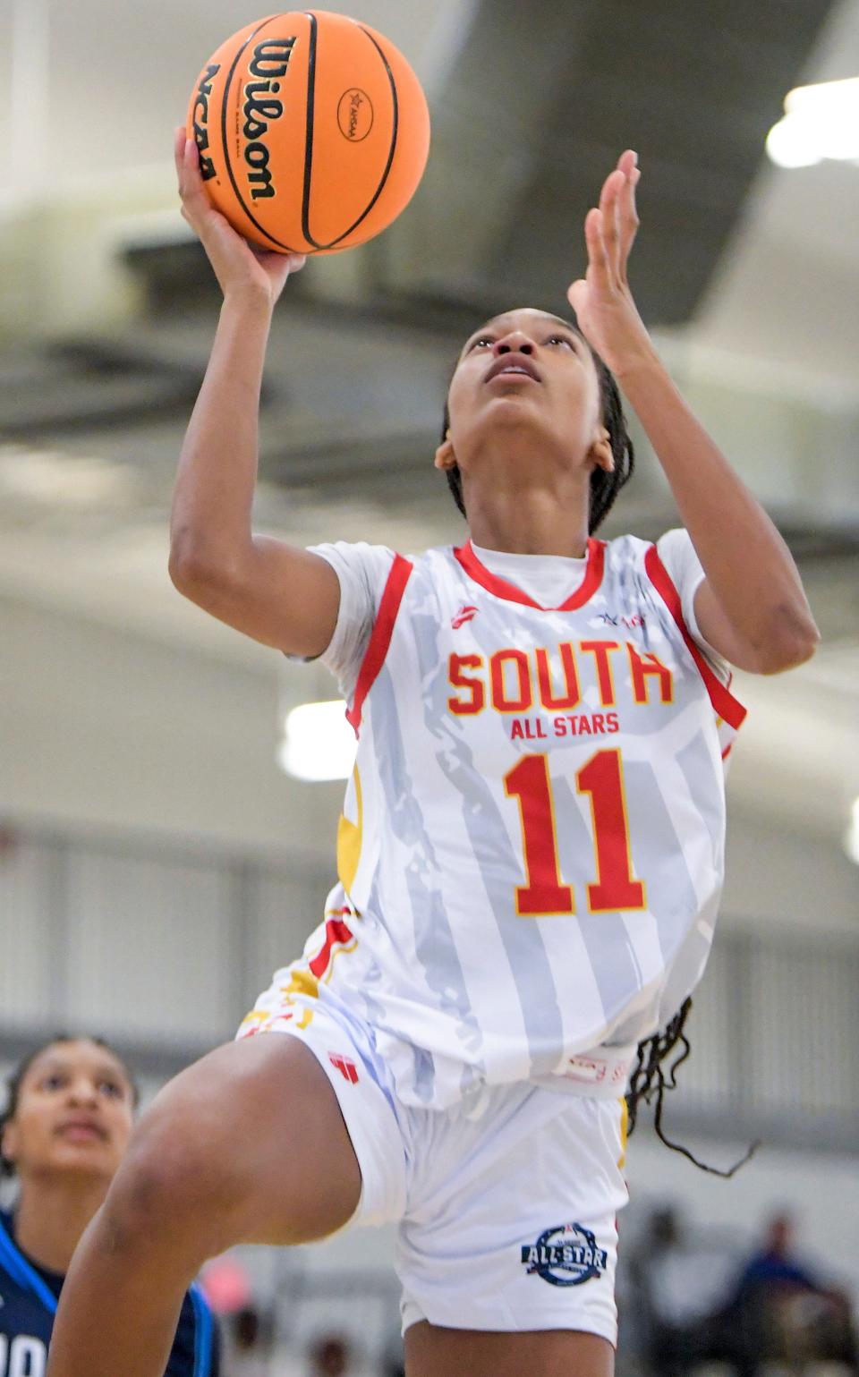 South team’s Ava Card (11) shoots during the AHSAA North-South All-Star Week girls basketball game at Riverwalk Stadium in Montgomery, Ala., on Tuesday July 18, 2023.