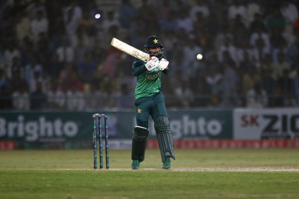 Pakistan's Shadab Khan bats during the third one-day international cricket match between Pakistan and West Indies at the Multan Cricket Stadium, in Multan, Pakistan, Sunday, June 12, 2022. (AP Photo/Anjum Naveed)