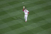 Philadelphia Phillie's center fielder Adam Haseley catches a fly ball during the fifth inning of a baseball game, Saturday, Sept. 19, 2020, in Philadelphia. (AP Photo/Laurence Kesterson)