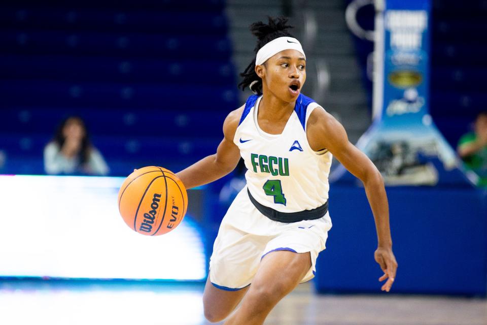 FGCU's Tishara Morehouse (4) dribbles the ball during the FGCU women's game against North Florida on Wednesday, Jan. 5, 2022 at FGCU's Alico Arena in Fort Myers, Fla. 