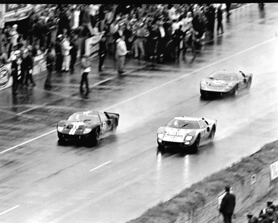 Trio of Ford GT40 Mk IIs cross finish line at Le Mans 1966