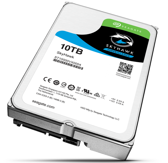 Hard disk drive with 10 terabyte capacity, with Skyhawk logo on it.