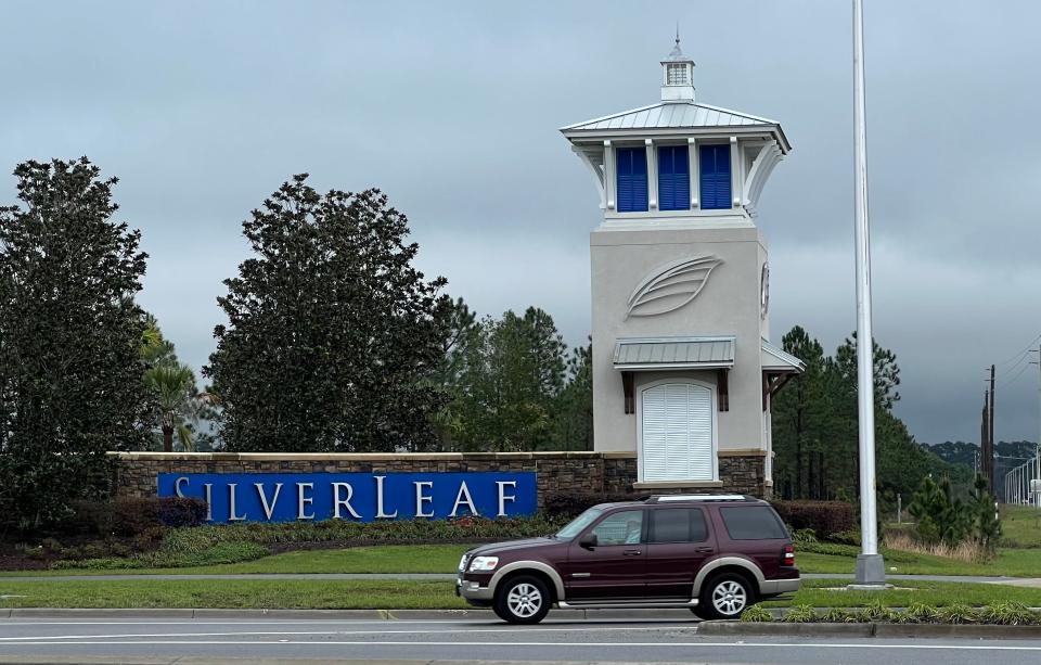 A car passes through the main entrance to Hutson Companies' massive 8,500-acre SilverLeaf community in St. Johns County off of County Road 16A on Monday, March 13, 2023.