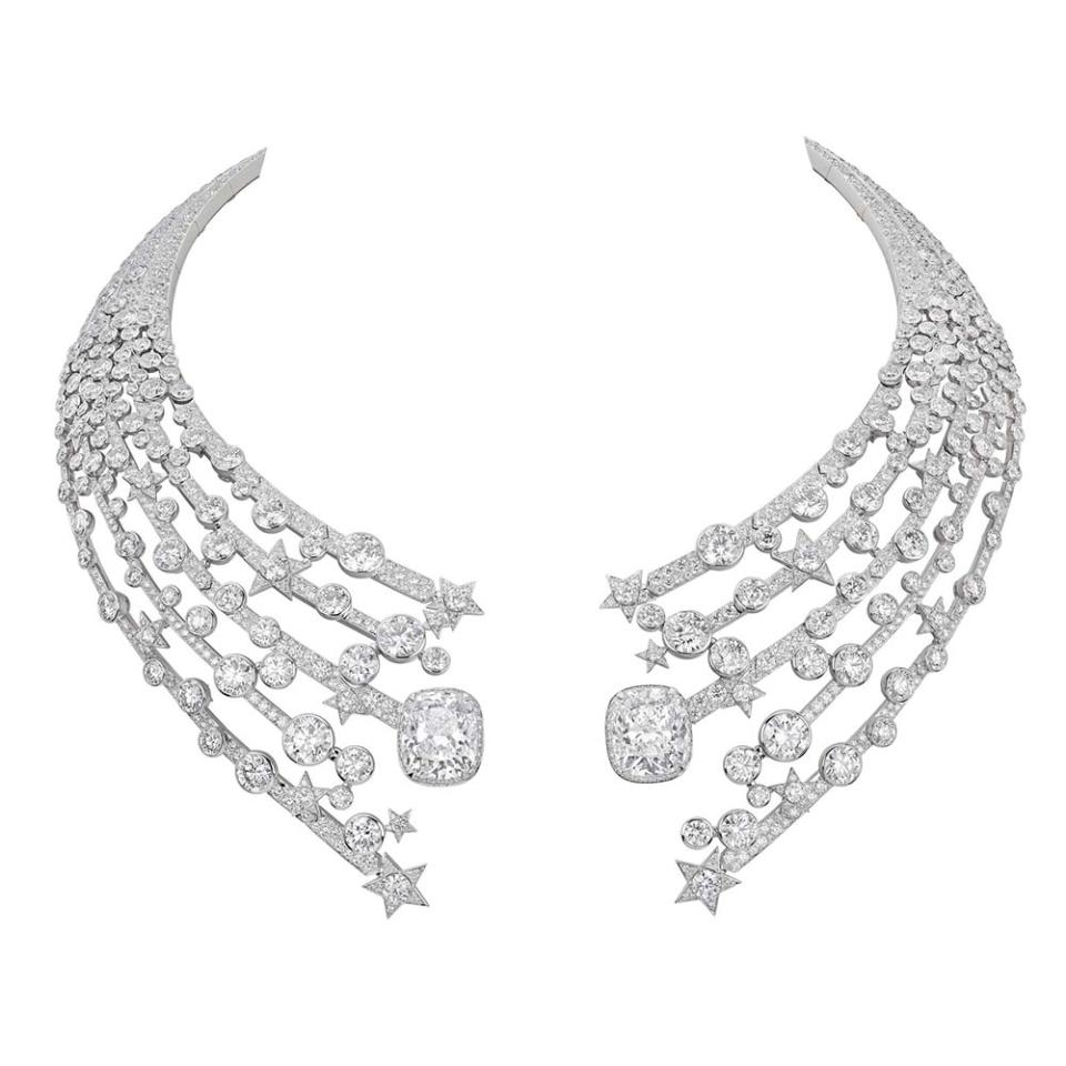 A pair of cushion-cut diamonds totaling 10.08 carats each are surrounded by diamonds set in white gold on Chanel’s Comète Constellation necklace; price upon request; at Chanel Fine Jewelry, Beverly Hills