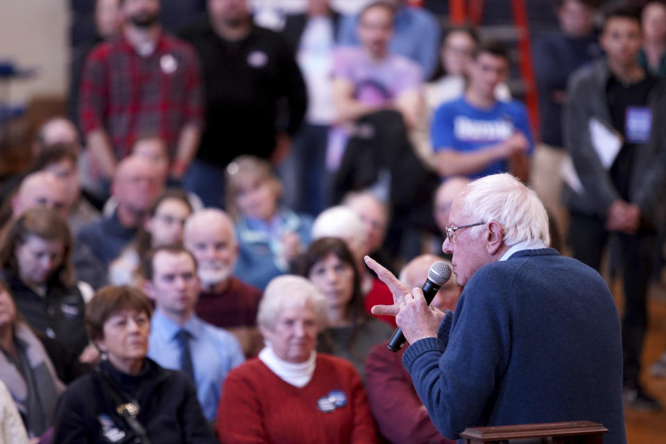 Democratic presidential candidate Sen. Bernie Sanders, I-Vt., speaks during a campaign stop, Saturday, Nov. 23, 2019, in Franklin, N.H. (AP Photo/Mary Schwalm)