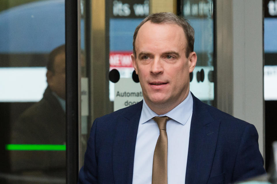 LONDON, UNITED KINGDOM - JANUARY 05, 2020: Secretary of State for Foreign and Commonwealth Affairs Dominic Raab leaves the BBC Broadcasting House in central London after appearing on The Andrew Marr Show on 05 January, 2020 in London, England.- PHOTOGRAPH BY Wiktor Szymanowicz / Barcroft Media (Photo credit should read Wiktor Szymanowicz / Barcroft Media via Getty Images)