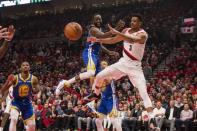 May 20, 2019; Portland, OR, USA; Portland Trail Blazers guard CJ McCollum (3) passes the ball against Golden State Warriors forward Draymond Green (23) during the first half in game four of the Western conference finals of the 2019 NBA Playoffs at Moda Center. Mandatory Credit: Troy Wayrynen-USA TODAY Sports