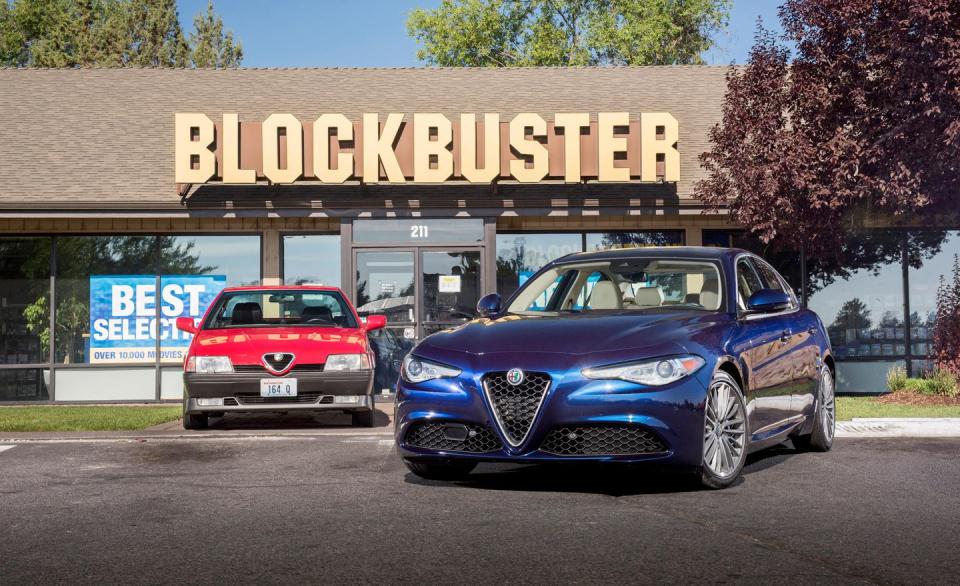 <p>A nostalgia-soaked trip down memory lane to the last remaining Blockbuster video franchise in the U.S. required an appropriate automotive allegory, so we <a rel="nofollow noopener" href="https://www.caranddriver.com/features/alfa-romeo-roadtrip-to-blockbuster-video" target="_blank" data-ylk="slk:paired up a modern Alfa Romeo Giulia sedan with an '90s-era Alfa 164;elm:context_link;itc:0;sec:content-canvas" class="link ">paired up a modern Alfa Romeo Giulia sedan with an '90s-era Alfa 164</a> for the trip. That led to this photo of the two sedans parked in front of a video store that's largely been absent from American strip malls for years. But what does it mean . . . ?</p>