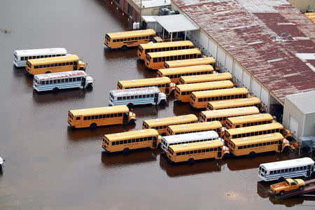 School buses, seen from the air, sit in floodwater caused by Hurricane Florence in Lumberton, North Carolina, U.S. September 17, 2018. REUTERS/Jason Miczek