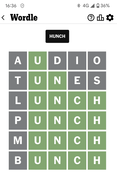 Wordle game screen showing a completed puzzle with several incorrect attempts, including "lunch," "punch," "munch," and "bunch"