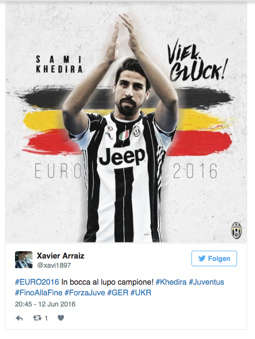 <p>Juventus Turin wollte Sami Khedira vor dem ersten EM-Spiel Glück wünschen und postete auf Twitter eine kleine Fotocollage. Dumm nur, dass sie den Fußballspieler nicht vor einer deutschen, sondern vor einer belgischen Flagge positionierten. (Bild: Twitter/xavi1897) </p>