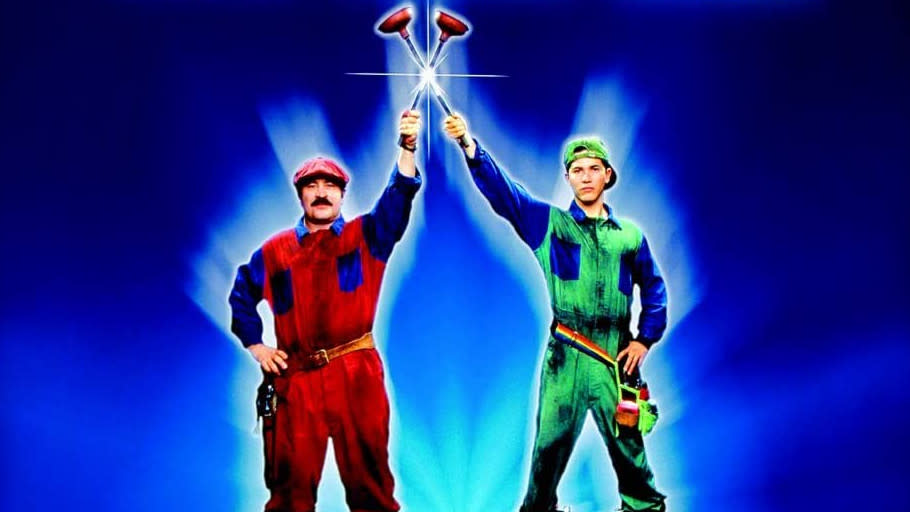 Promotional art showing Bob Hoskins and John Leguizamo in 1993 movie 'Super Mario Bros'. (Credit: Buena Vista Pictures)