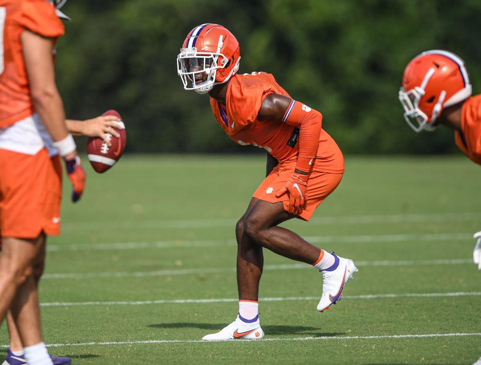 Clemson safety Andrew Mukuba (1) in a drill during the first day of fall football practice at the Allen Reeves Complex in Clemson Friday, August 5, 2022.