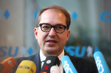 Alexander Dobrindt of the Christian Social Union (CSU) gives a statement as he arrives at CSU headquarters for a board meeting in Munich, Germany, November 23, 2017. REUTERS/Michael Dalder