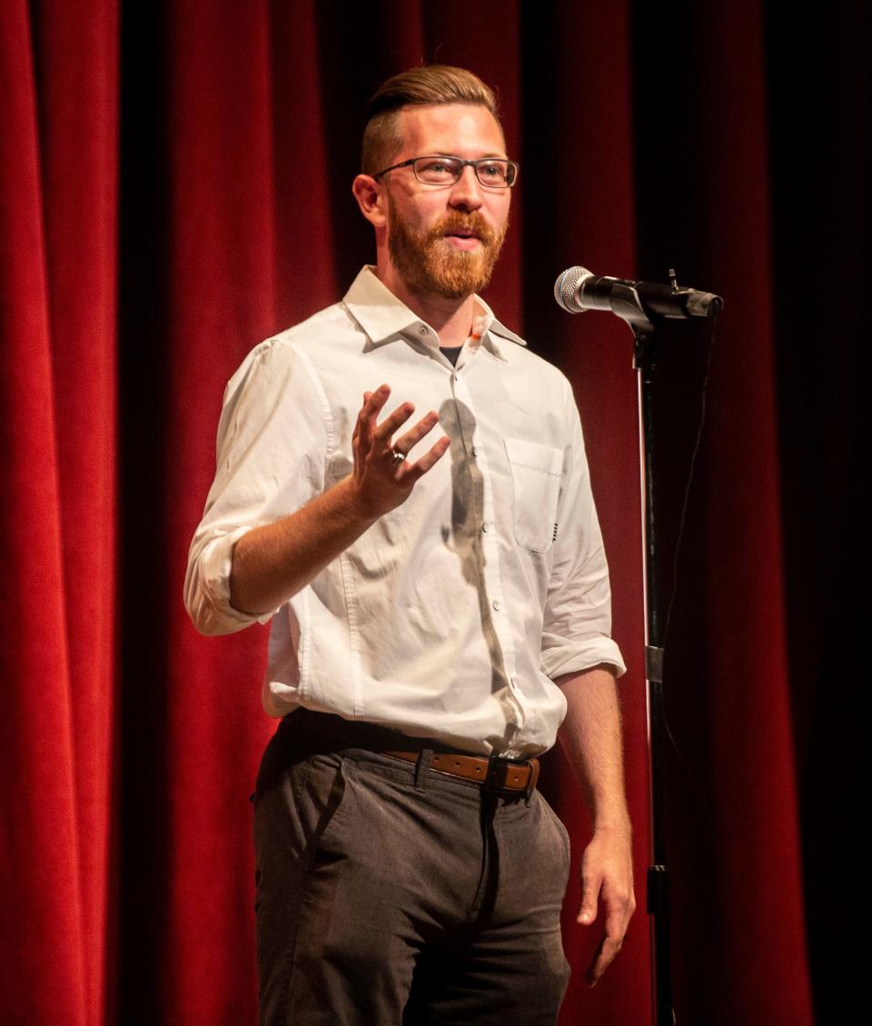 Storyteller Jacob Winge tells his story called “How Skipping School Made a Difference” at the Southwest Florida Storytellers Project event on Tuesday, March 8, 2022 at the Norris Community Center in Naples, Fla.