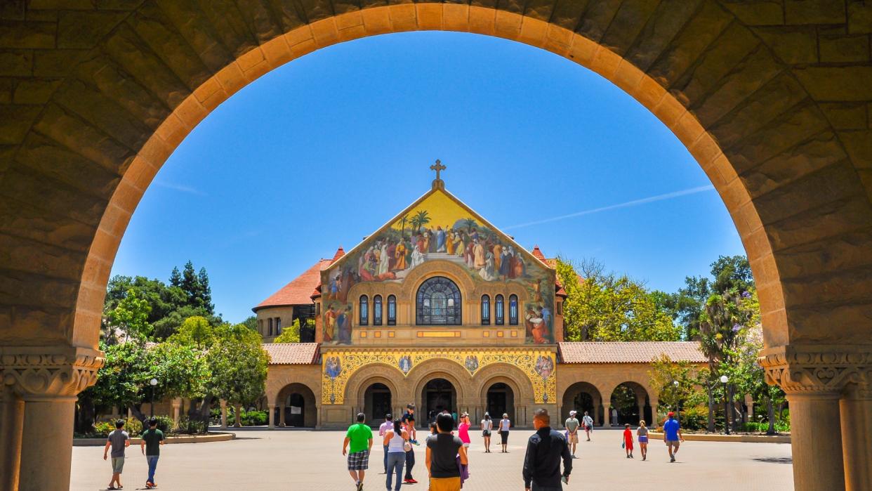 Palo Alto, CA, USA - June 28, 2015: Visitors flock to the Stanford Memorial Church.
