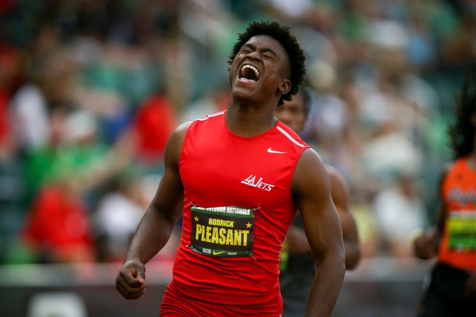 Rodrick Pleasant, of Urban Youth Track Club, celebrates after winning the boys’ 100-meter dash during Nike Outdoor Nationals in June 2023 at Hayward Field in Eugene. Pleasant won with a time of 10.21 seconds.