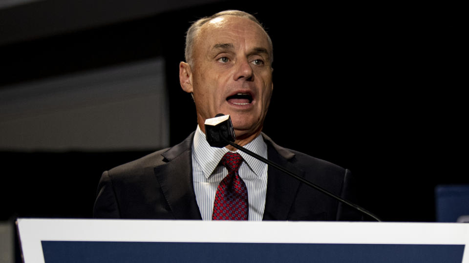 BOSTON, MA - DECEMBER 10: Major League Baseball Commissioner Rob Manfred speaks during the 2019 Major League Baseball Winter Meetings on December 10, 2019 in San Diego, California. (Photo by Billie Weiss/Boston Red Sox/Getty Images)