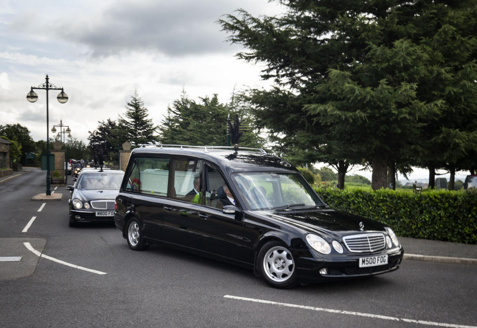 The funeral cortege arriving at Grenoside Crematorium, Sheffield, prior to the funeral of Tristan and Blake Barrass. Their mother Sarah Barrass has been charged with their murder and will go on trial later this year. (Photo by Danny Lawson/PA Images via Getty Images)