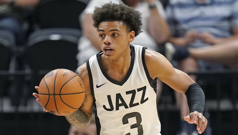 Utah Jazz guard Keyonte George brings the ball up during the second half of the team’s NBA summer league basketball game against the Memphis Grizzlies on Thursday, July 6, 2023, in Salt Lake City. 