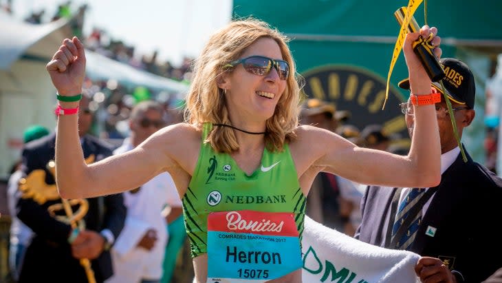 <span class="article__caption">Herron reacts after winning the 89K Comrades Marathon in South Africa, 2017. </span> (Rajesh Jantilal/AFP/Getty)