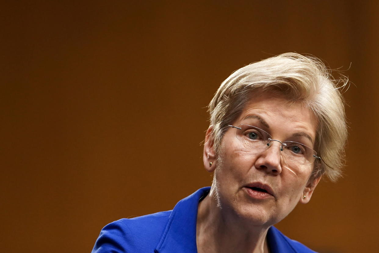 Sen. Elizabeth Warren (D-Mass.) questions Xavier Becerra, nominee for Secretary of Health and Human Services, during his Senate Finance Committee nomination hearing on Capitol Hill in Washington, DC, U.S., February 24, 2021. Greg Nash/Pool via REUTERS