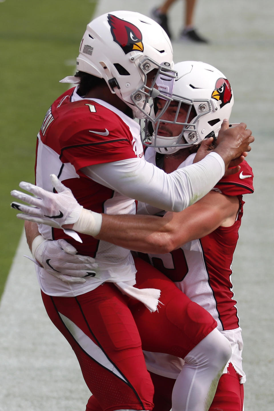 Arizona Cardinals quarterback Kyler Murray, left, celebrates with tight end Dan Arnold after scoring against the San Francisco 49ers during the second half of an NFL football game in Santa Clara, Calif., Sunday, Sept. 13, 2020. (AP Photo/Josie Lepe)